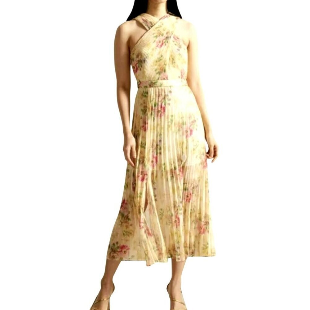 Ted Baker Amerah Yellow Floral Cross Front Pleated Midi Dress NWT $395